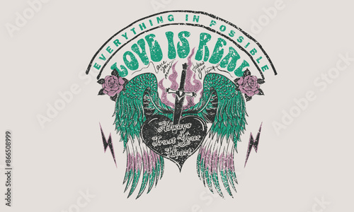 Everything is possible. Love is real. Heart with knife artwork, Eagle wing vector t-shirt design. America eagle rock and roll poster design. Music festival artwork. Rose. Freedom music tour.