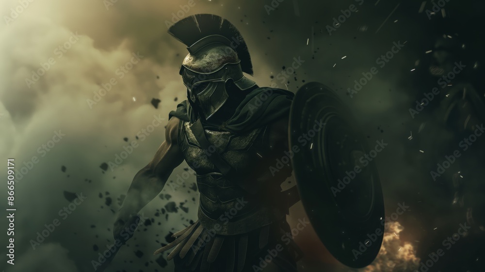 Fierce Spartan Warrior in Battle Armor with Shield Amidst Smoke and Debris Fierce Spartan Warrior in Battle Armor with Shield Amidst Smoke and Debris