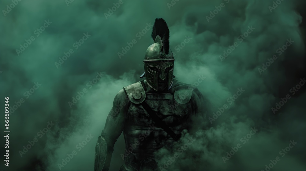 Fototapeta premium Formidable Spartan Warrior in Full Armor Emerging Through Smoke
