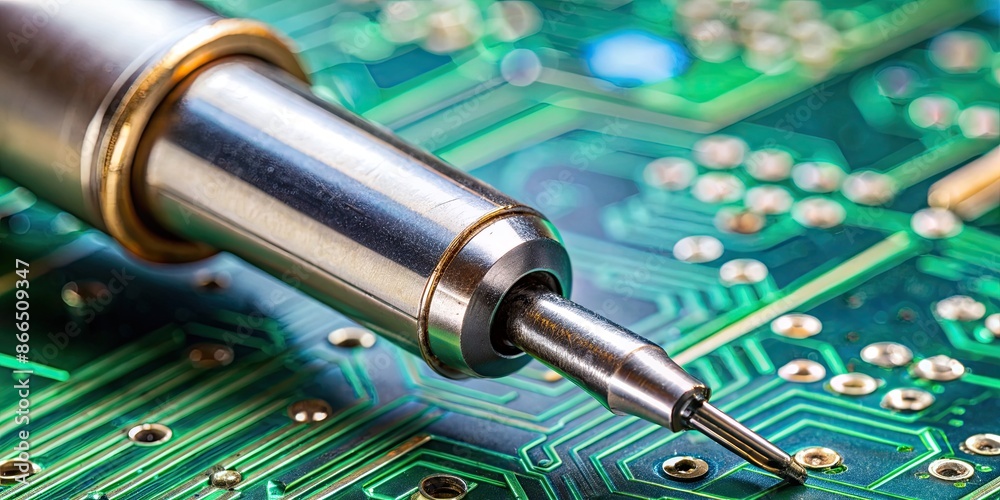 Close up of a soldering iron on a circuit board.
