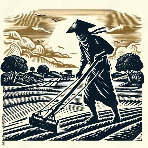 Country man plowing the land in the backlands. Woodcut style.