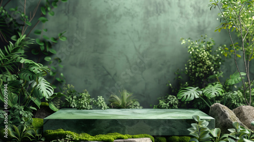 A green, empty product podium with copy space integrated with living plants and moss, creating an eco-friendly display option, mockup. Pedestal
