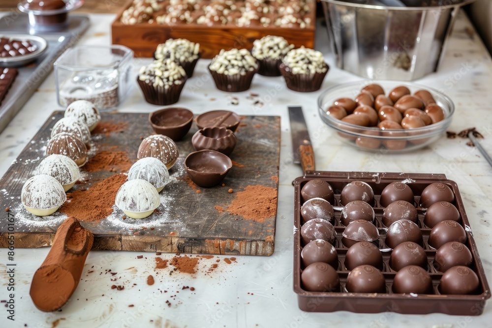 An assortment of gourmet chocolates and truffles in a confectionery kitchen, showcasing various types and decorations on a rustic table. An assortment of gourmet chocolates and truffles in a confectionery kitchen, showcasing various types and decorations on a rustic table.