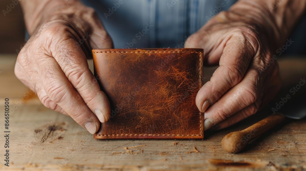 Hands of an artisan holding a handmade leather wallet against a wooden background, showcasing craftsmanship and attention to detail. Hands of an artisan holding a handmade leather wallet against a wooden background, showcasing craftsmanship and attention to detail.