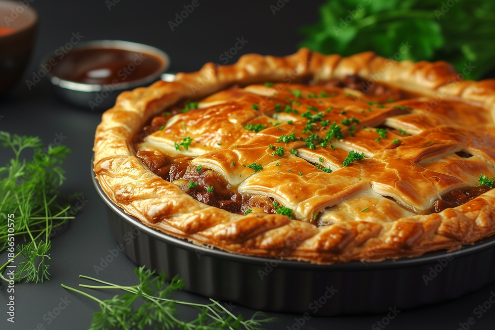 Delicious pie on black tray with some herbs around it. There is silver bowl with brown sauce next to pie.