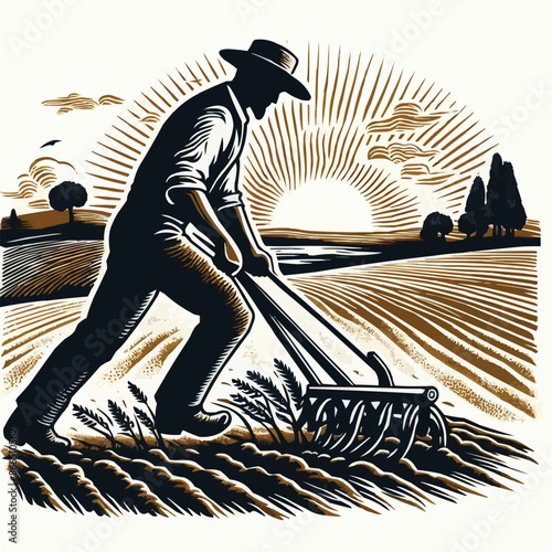 Country man plowing the land in the backlands. Woodcut style.