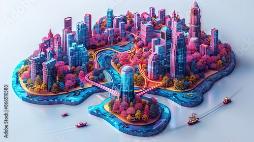 aps and navigation online on mobile application, City isometric plan with road and buildings, GPS, Travel, Social Media, World Map. Isometric smart city concept. 3d vector illustration photo