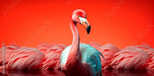 Clear flamingo face, natural water background. photo