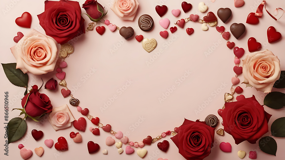 Valentine's Day festive background, hearts, roses and chocolates, minimalist and modern