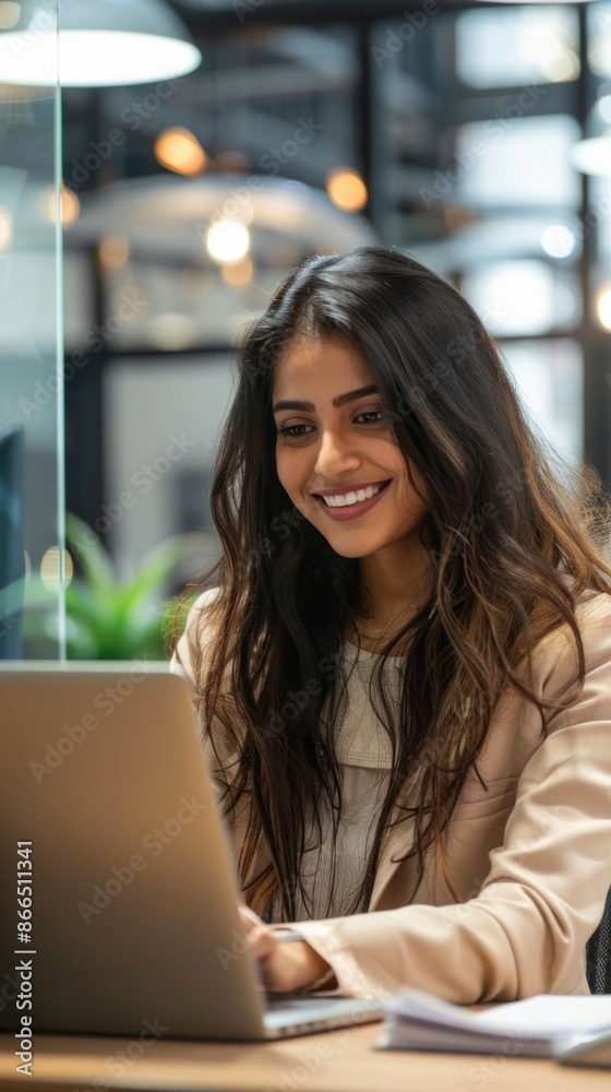 A young Indian businesswoman smiles brightly as she works on her laptop in a modern office A young Indian businesswoman smiles brightly as she works on her laptop in a modern office