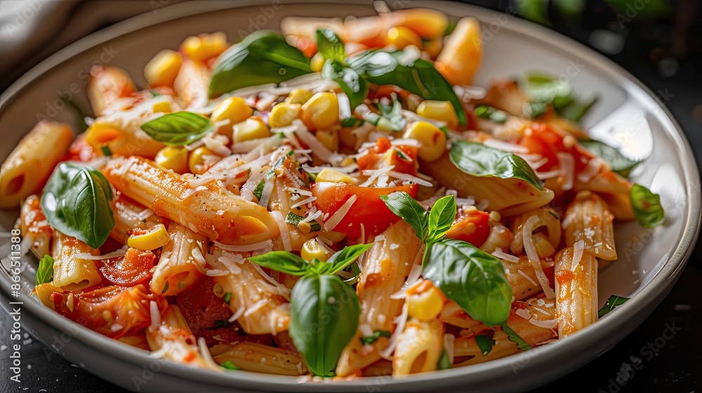Delicious penne pasta with fresh basil, corn, and tomatoes, topped with grated cheese, perfect for a tasty and colorful meal. Delicious penne pasta with fresh basil, corn, and tomatoes, topped with grated cheese, perfect for a tasty and colorful meal.