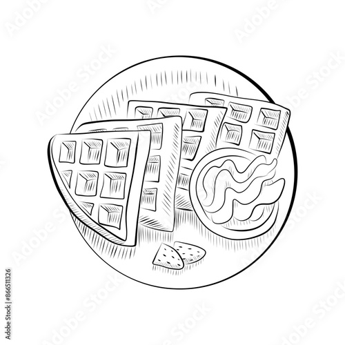 drawing lines. art line plate with waffles and berries. Vector