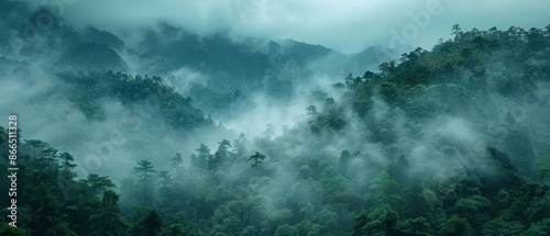 Serene Mountain Majesty: Tranquil Landscape with Soft Mist