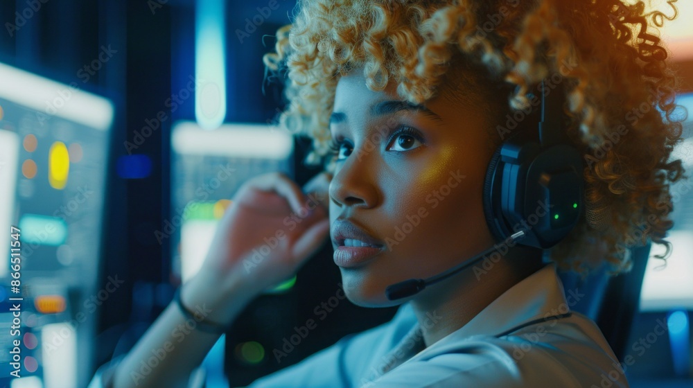 A blonde woman with curly hair watches screens in a dark control room. She wears a headset, indicating shes communicating. The room looks like a security center with multiple screens A blonde woman with curly hair watches screens in a dark control room. She wears a headset, indicating shes communicating. The room looks like a security center with multiple screens