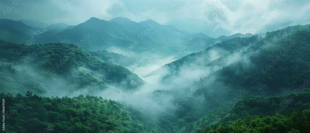 Obraz premium Serene Mountain Retreat: Tranquil Landscape with Soft Mist and Majestic Peaks