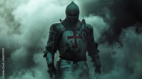 Majestic Templar Knight in Full Armor with Red Cross Emblem Amidst Smoke © Sol Revolver Group
