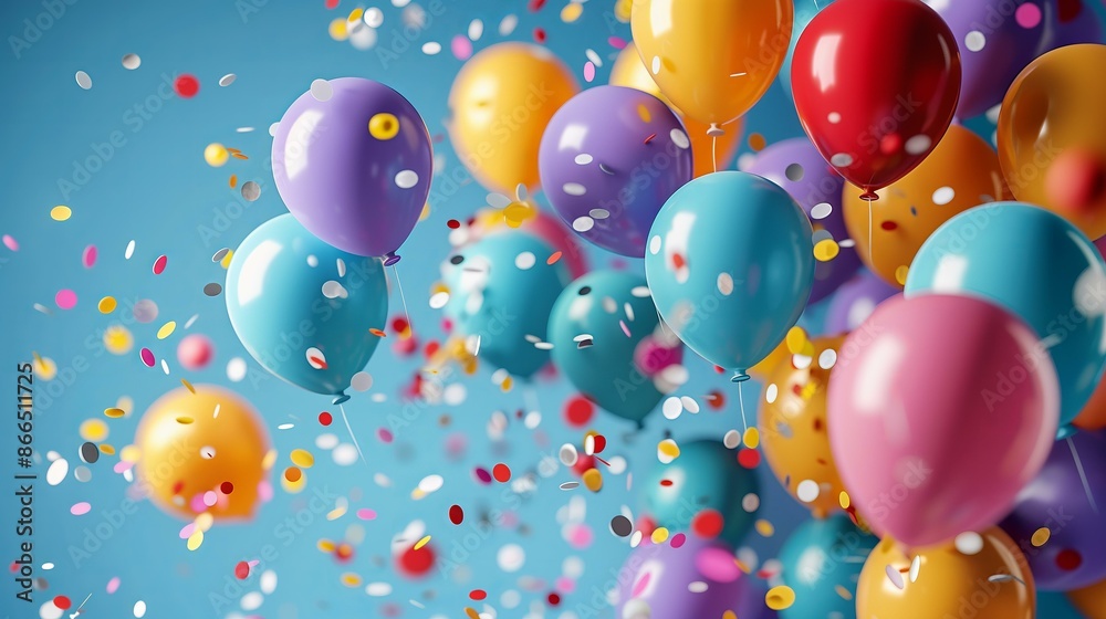 Colorful balloons and confetti in mid-air against a vibrant blue background, celebrating a festive occasion. Colorful balloons and confetti in mid-air against a vibrant blue background, celebrating a festive occasion.