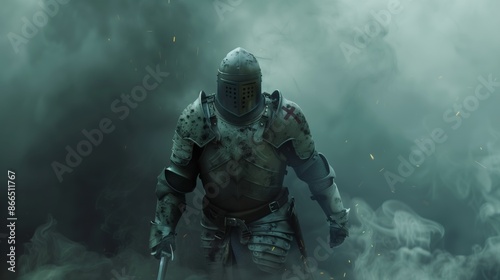 Armored Templar Knight Emerging Through Smoke in Battle
