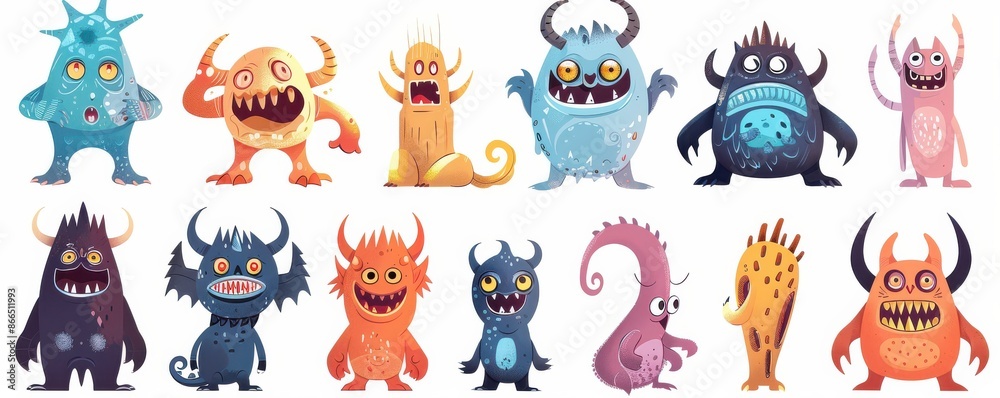 A collection of colorful and funny monster characters, each with unique expressions and features, perfect for children's illustrations. A collection of colorful and funny monster characters, each with unique expressions and features, perfect for children's illustrations.