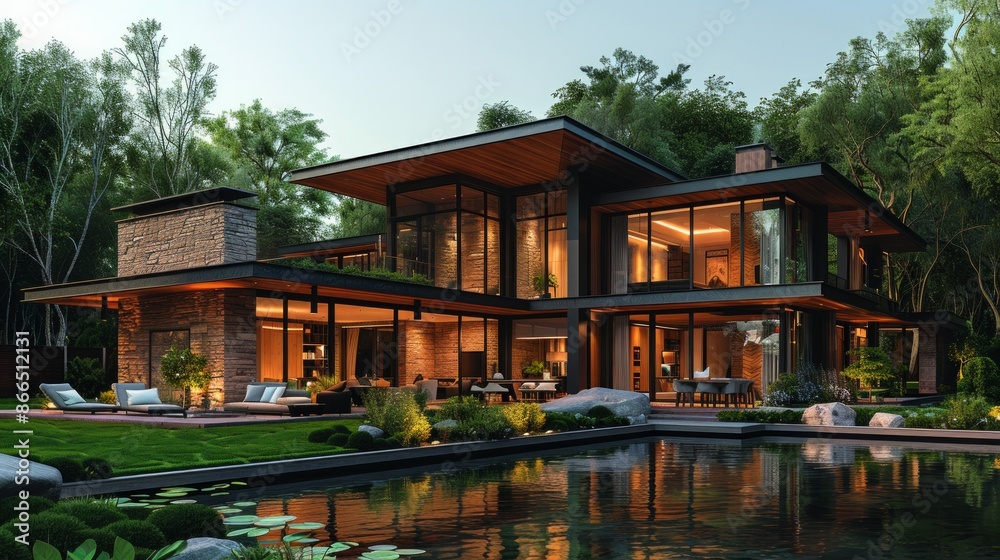 3D rendering of a modern farmhouse on a scenic meadow hill, blending rustic elements with sleek modern architecture. AI Generative. 3D rendering of a modern farmhouse on a scenic meadow hill, blending rustic elements with sleek modern architecture. AI Generative.