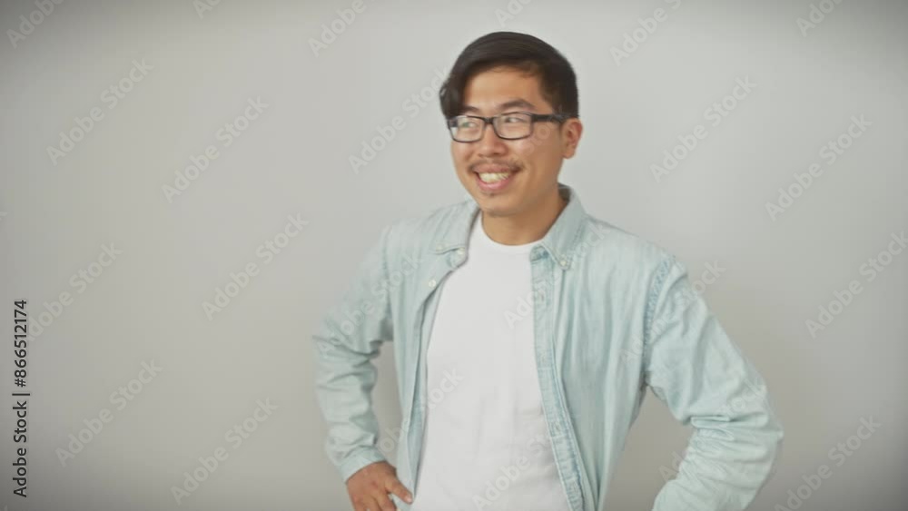 Laughing away, a young, confident chinese man with glasses stands with a natural smile on his face, a handsome shirt side-profile against an isolated white background. Laughing away, a young, confident chinese man with glasses stands with a natural smile on his face, a handsome shirt side-profile against an isolated white background.