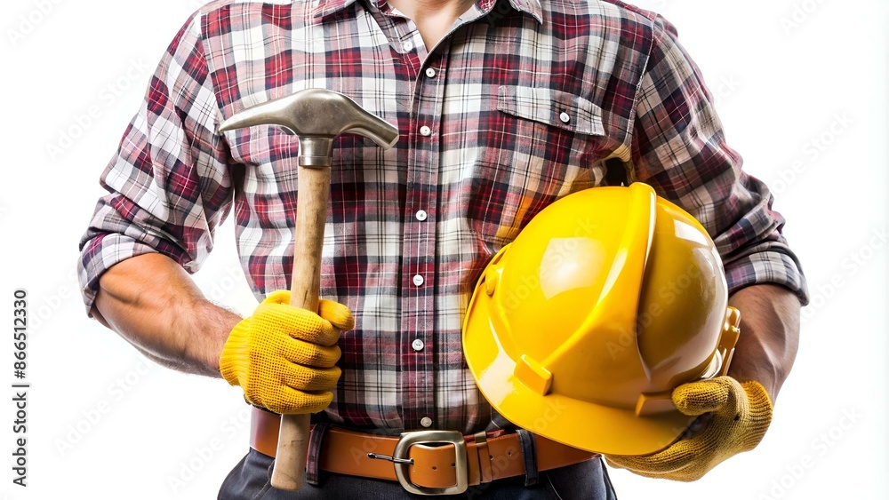 Builder worker is holding in hands a hammer and hard hat isolated on white background. Under construction concept background with copy space. Builder worker is holding in hands a hammer and hard hat isolated on white background. Under construction concept background with copy space.