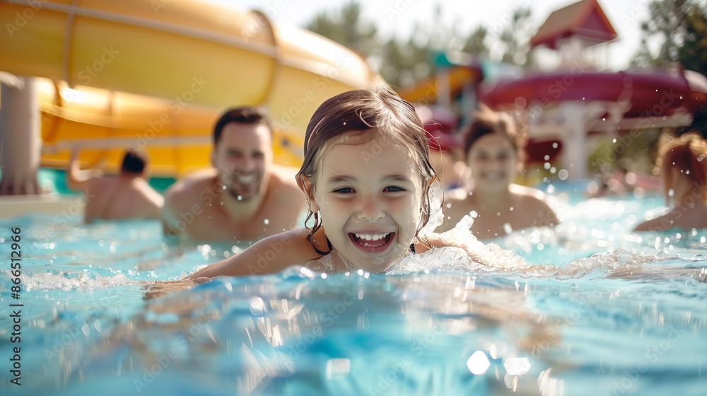 Obraz premium A family having a fun day at the water park, with kids sliding down water slides and parents relaxing by the pool