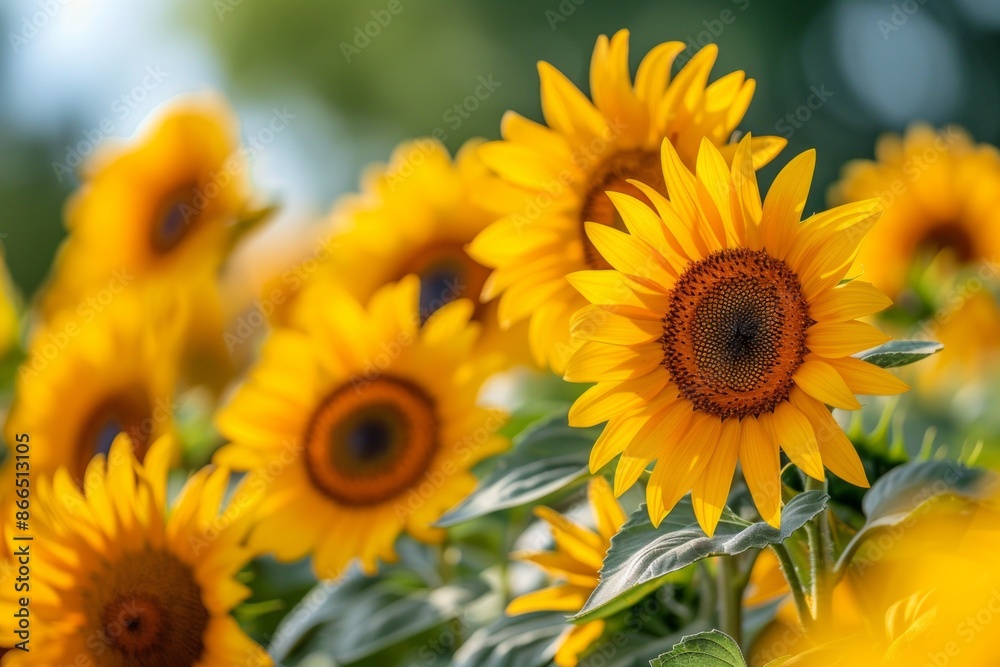 A macro shot of a sunflower field in full bloom under a clear blue sky, creating a cheerful and vibrant wallpaper. Suitable for themes AI Generative. A macro shot of a sunflower field in full bloom under a clear blue sky, creating a cheerful and vibrant wallpaper. Suitable for themes AI Generative.