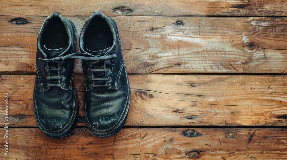 Black safety shoes on wooden floor with empty space still life Black safety shoes on wooden floor with empty space still life