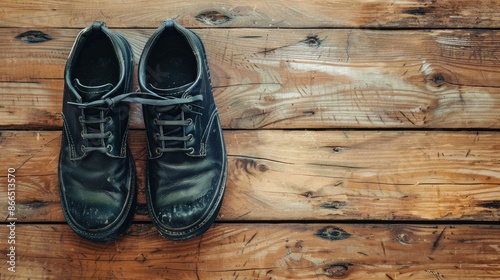 Black safety shoes on wooden floor with empty space still life