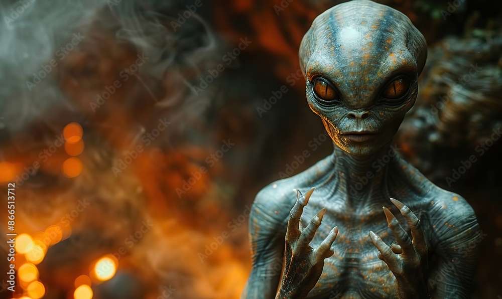 Inky void framed by a smoky UFO, a chillingly gray alien strolls, its blinking gaze a beacon in the futuristic sci-fi scene. Inky void framed by a smoky UFO, a chillingly gray alien strolls, its blinking gaze a beacon in the futuristic sci-fi scene.