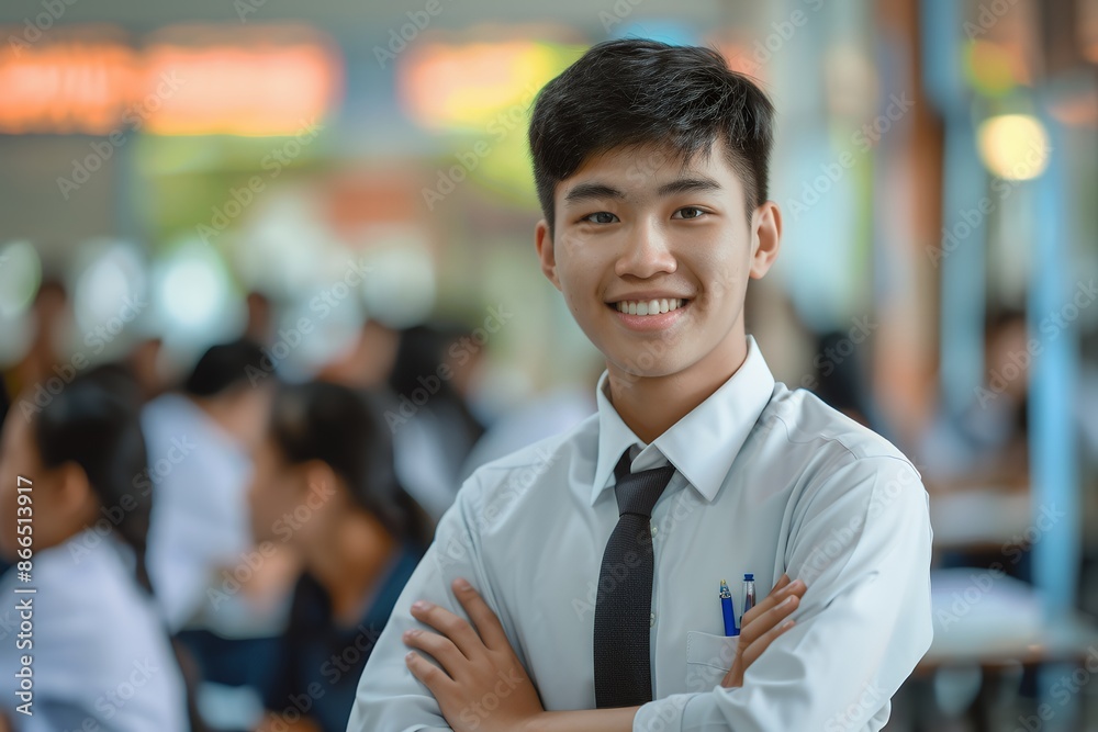 Fototapeta premium Handsome Asian male high school student wearing uniform smiling and standing with arms crossed in the classroom, creating an atmosphere of confident self Convenient composition background blurring pro