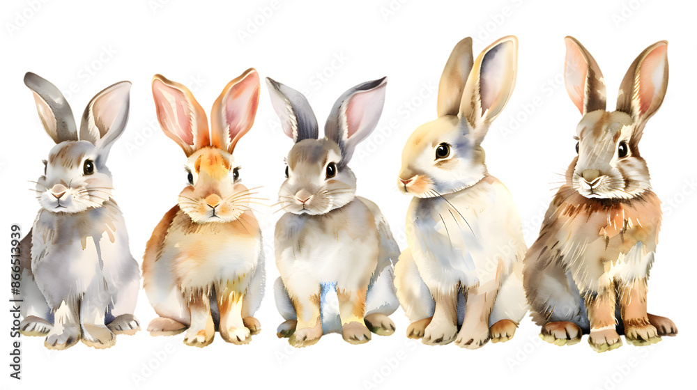 Fototapeta premium Group of rabbits watercolor illustration isolated on transparent background