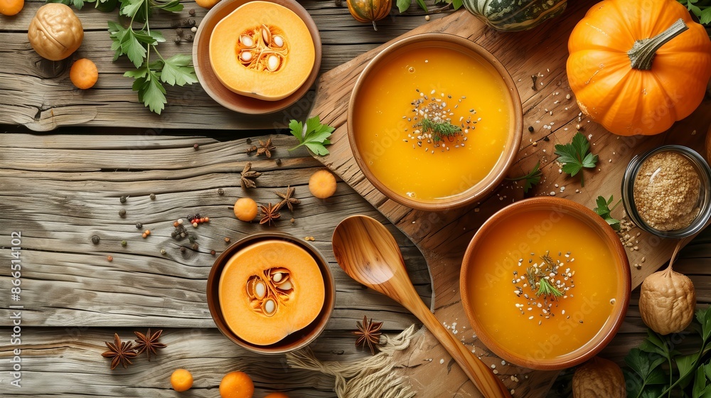 Delicious pumpkin soup served in rustic bowls on a wooden table with fresh ingredients and seasonal decorations. Delicious pumpkin soup served in rustic bowls on a wooden table with fresh ingredients and seasonal decorations.