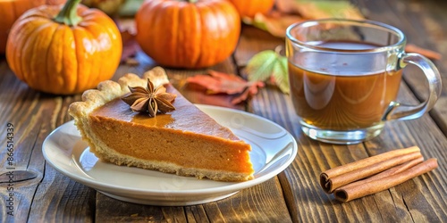 Slice of pumpkin pie with a cup of spiced tea.