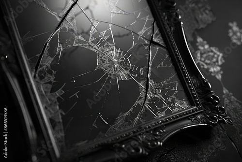 A close-up shot of a shattered mirror with intricate details in the frame, captured in monochrome, conveying a sense of brokenness and reflection. photo