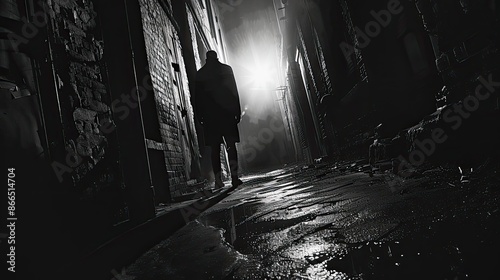 Shadowy figure walks down a dark, mysterious alley at night, illuminated by a distant light. Moody black and white photography. photo