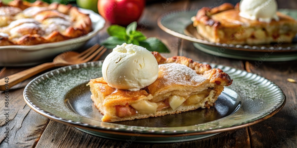 Delicious slice of apple pie with a scoop of vanilla ice cream.