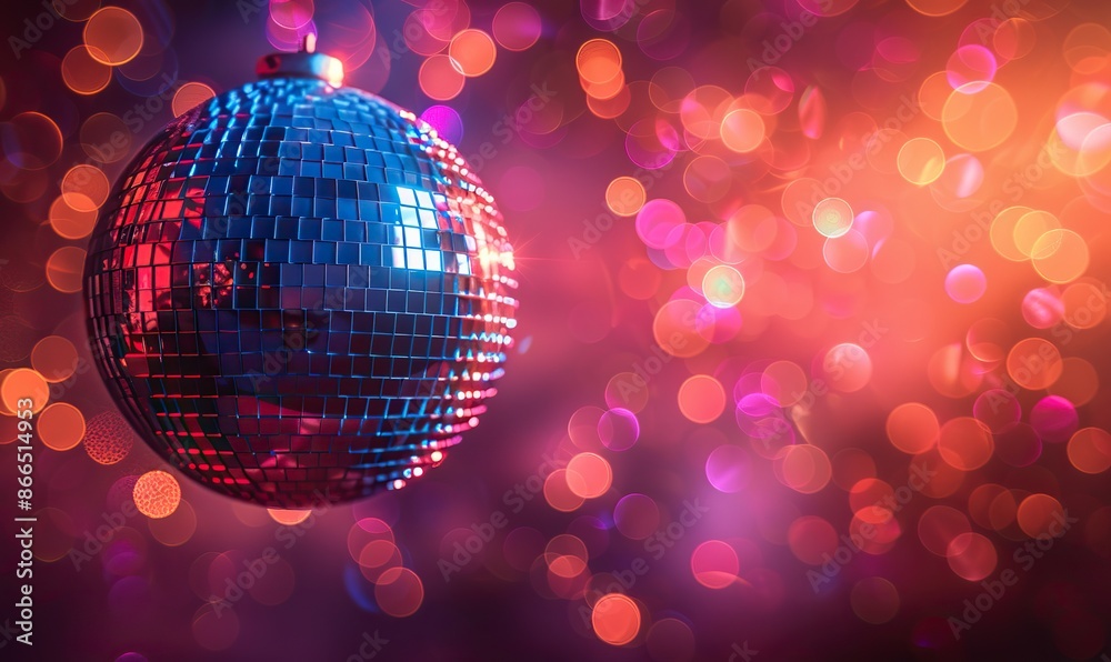 Obraz premium Disco ball aglow with shimmering lights, inviting revelers to dance beneath its vibrant embrace, leaving ample space for memories.