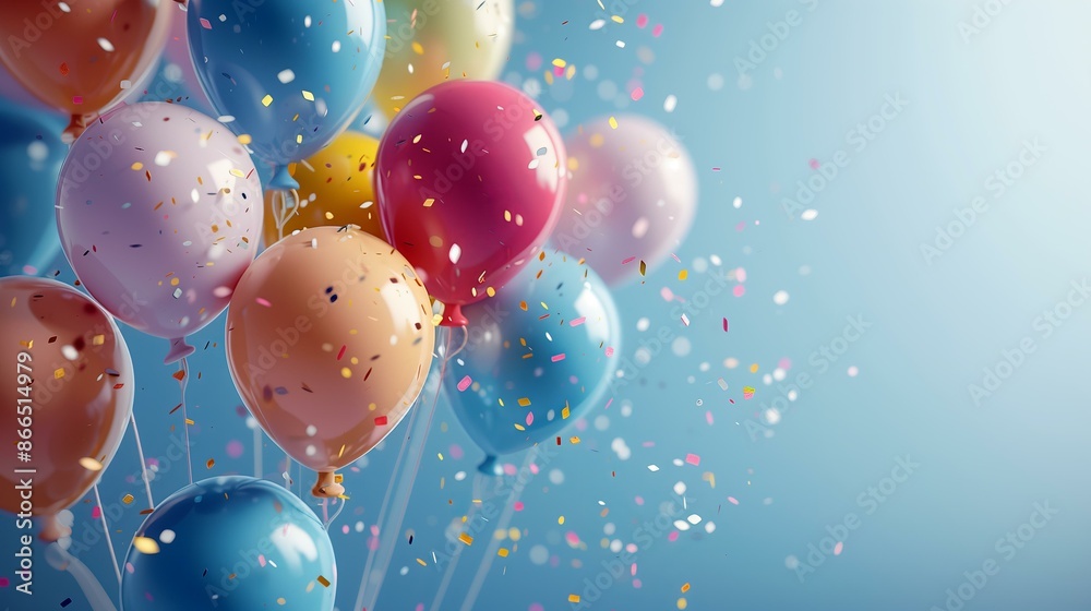 Colorful balloons flying amidst confetti on a light blue background, perfect for celebrations and festive events.