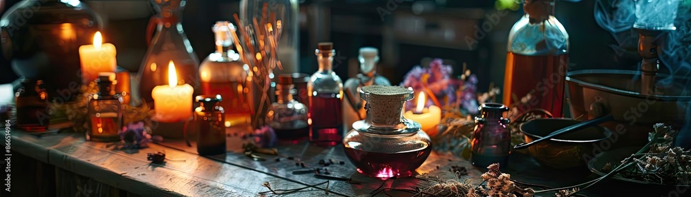 A mystical wooden table adorned with candles, potion bottles, and magical objects, creating an enchanting atmosphere. A mystical wooden table adorned with candles, potion bottles, and magical objects, creating an enchanting atmosphere.