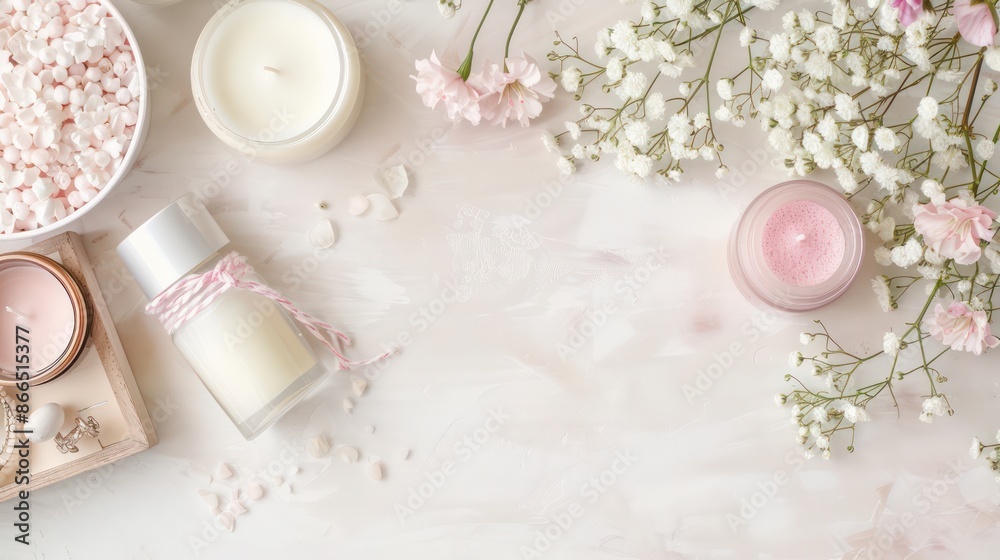 A table with a white background and a bunch of flowers and candles. The table is set up for a romantic dinner A table with a white background and a bunch of flowers and candles. The table is set up for a romantic dinner