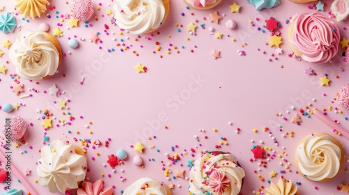 A row of cupcakes with sprinkles and frosting on a pink background. The cupcakes are arranged in a way that creates a sense of movement and excitement. The sprinkles add a playful © Sasikharn