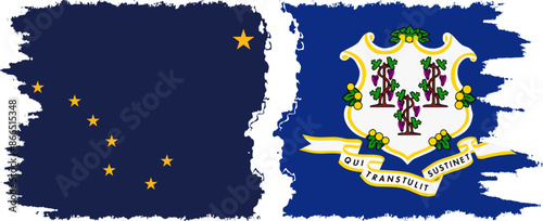 Connecticut and Alaska states grunge brush flags connection, vector