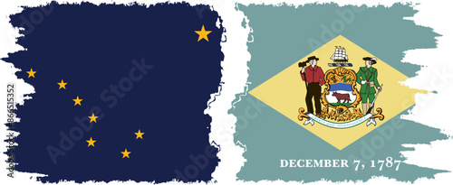 Delaware and Alaska states grunge brush flags connection vector