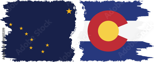 Colorado and Alaska states grunge brush flags connection, vector