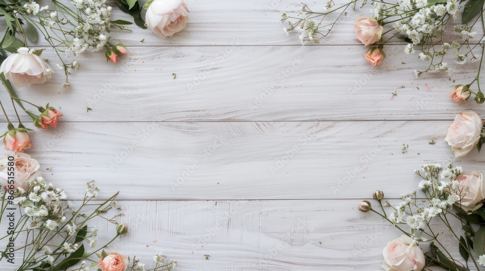 A white background with a floral border. The flowers are pink and white. The background is wooden and the flowers are arranged in a circle A white background with a floral border. The flowers are pink and white. The background is wooden and the flowers are arranged in a circle