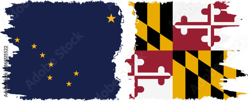Maryland and Alaska states grunge brush flags connection vector