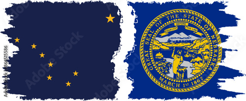 Nebraska and Alaska states grunge brush flags connection vector
