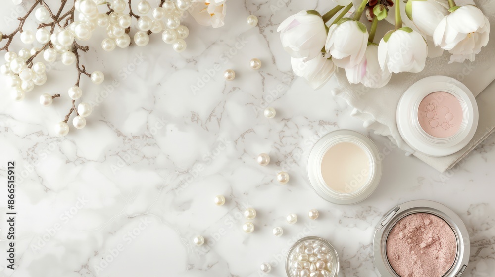 A table with a white background and a bunch of flowers and makeup. The makeup is arranged in a way that it looks like a makeup artist's table A table with a white background and a bunch of flowers and makeup. The makeup is arranged in a way that it looks like a makeup artist's table